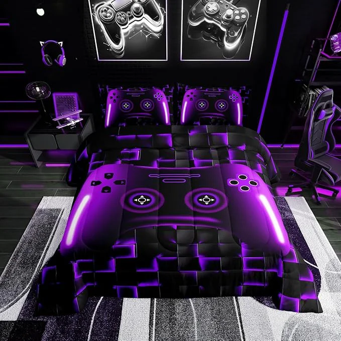 Fast Gaming King Size Bedding Sets For Kids Boys Teen Girls Game Controller Comforter Set 3Pcs Gamer Bedding For All Season Purple And Black Geometric Checkered Quilt Set For Young Men Soft Lightweight Verified