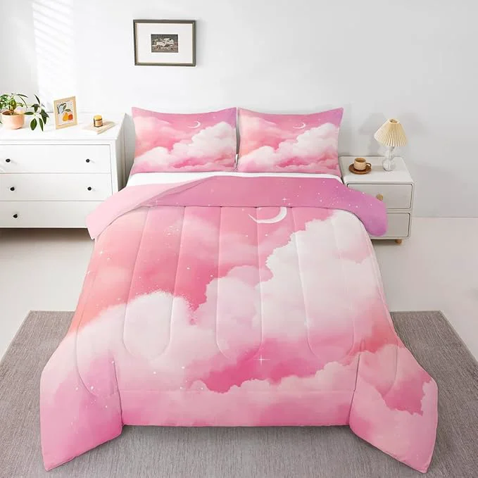 Superior Moon and Stars Comforter Set Queen Pink White Tie Dye Bedding Set for Girls Women Room Decor Reversible Aesthetic Marble Down Galaxy Space Quilted Duvet Insert Cute Warm All Season Clean