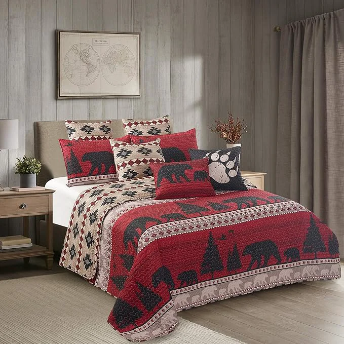 Clean Virah Bella 3 Piece King Cabin Quilt Bedding Set - Creekside Bear - Rustic Country Reversible Patchwork Comforter Set with Decorative Pillow Shams Specialty