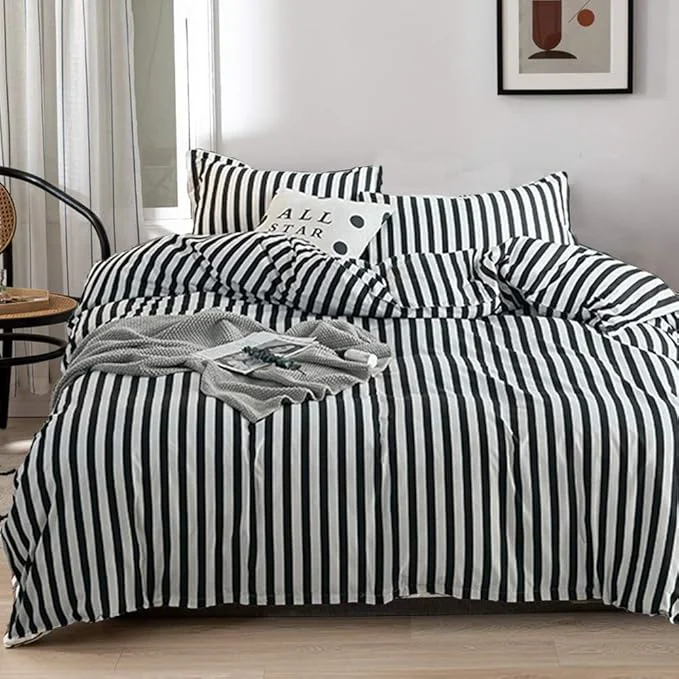 Specialty Luxlovery Black and White Comforter Set Queen Men Women Striped Bedding Set Full Farmhouse Ticking Stripes Bedding Blanket Geometric Lines Modern Comforter Set with 2 Pillowcases Contemporary