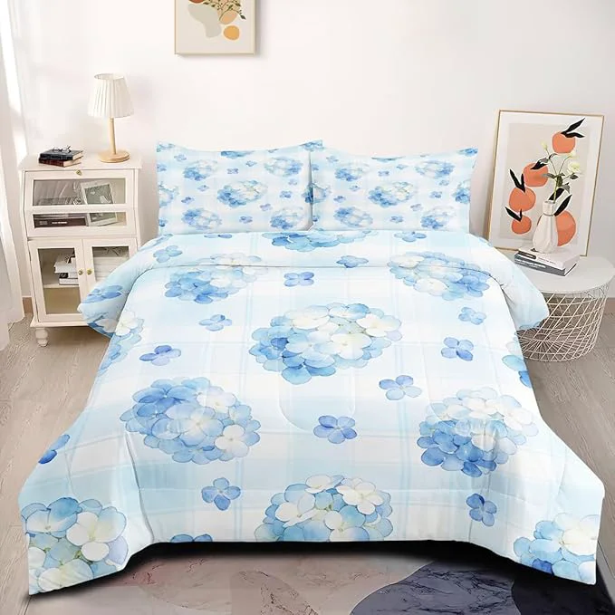 Modern 2Pcs Girls Twin Size Blue Hydrangea Comforter Set Bedding Sets for Women Room Decor Washed Microfiber All Season with 1 Comforter 68 quot x 90 quot and 1 Pillowcase First-Class
