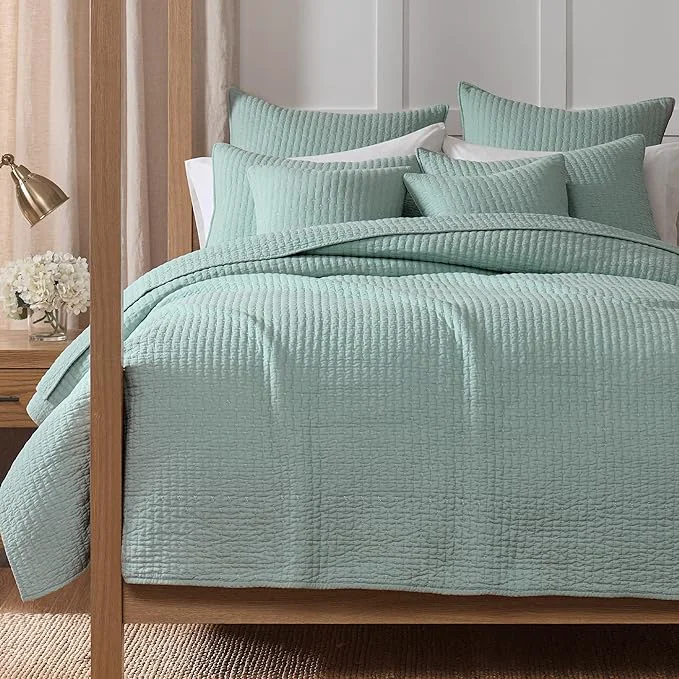 Enhanced Levtex Home Cross Stitch Reversible Twin XL Twin Quilt Set 68x86in with 1 Pillow Sham 26x20in - Stitch Texture - Blue Haze - Cotton Twin Twin Size Quilt Bedding Set - Lightweight Soft Pre-Washed Sophisticated