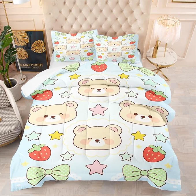 Selected Women Girls Blue White Cartoon Comforter Set Twin Size 2-Piece Red Strawberry and Green Bows Comforter Sets for Kids Room Decor 1 Comforter 68 quot x 90 quot 1 Pillowcase Soft Microfiber First-Class