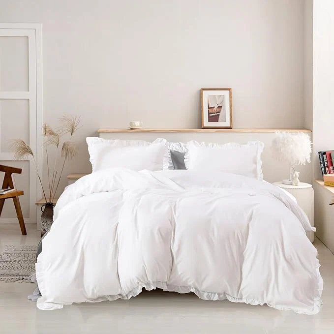 Green Luxlovery White Ruffle Comforter Set Full Farmhouse Boho Bedding Comforter Set Plain White Shabby Chic Solid Blanket Quilts Vintage Rustic Bedding Set with Ruffles for Full Bed Smart