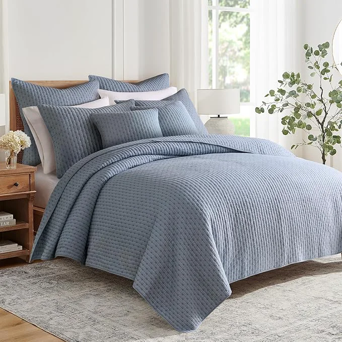 Environmentally Friendly Levtex Home - Cross Stitch Chambray Quilt Set - King Quilt Two King Pillow Shams - Cross Stitched Pattern - Quilt Size 106x92in. and Pillow Sham Size 36x20in. - Reversible - Cotton Fabric Casual