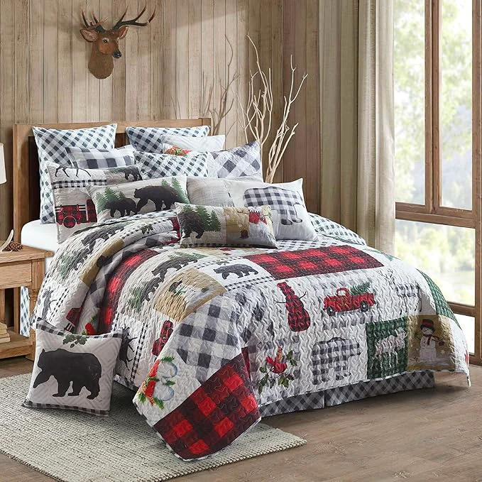 Fast Virah Bella 3 Piece King Lodge Quilt Bedding Set - Rustic Country Reversible Comforter Set with Decorative Pillow Shams - Country Lodge Patchwork Recyclable