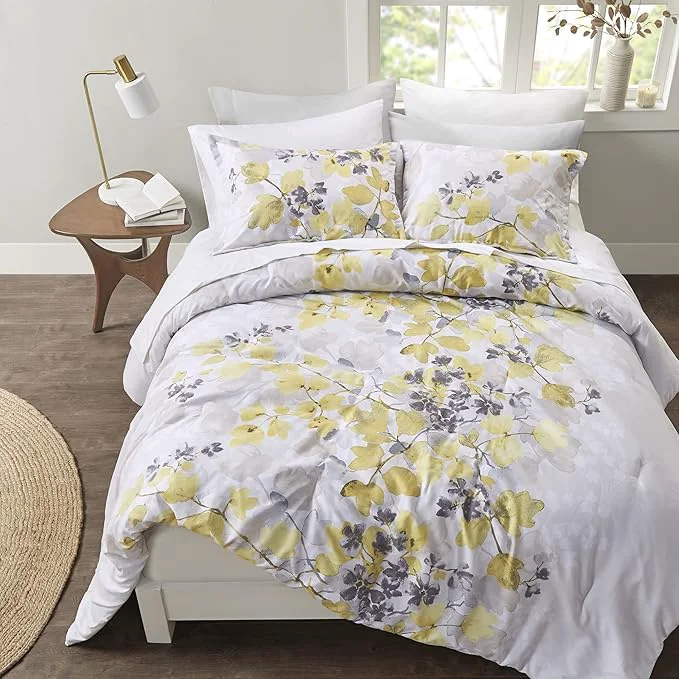 Powerful Madison Park Essentials Bed in A Bag - Trendy Casual Design Cozy Comforter with Complete Sheet Set with Side Pocket All Season Cover Matching Shams Queen Alexis Leaf Yellow 9 Piece High-Grade