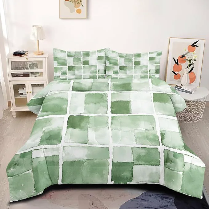 Fine Girls Boys Gingham Bedding Set Twin Size 2 Pieces Green Plaids Comforter Set Microfiber Includes 1 Comforter 68 quot x 90 quot and 1 Pillowcase Clean