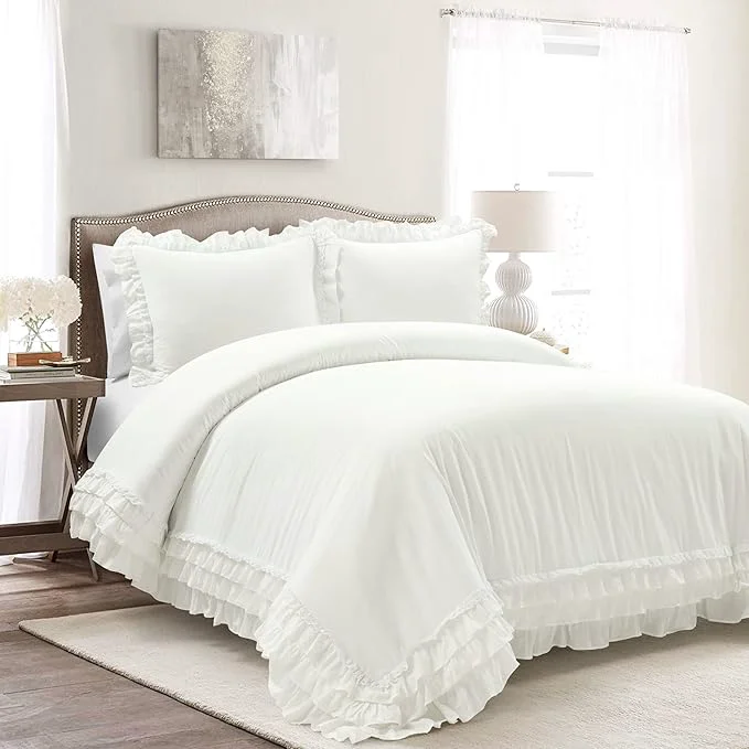 High-End Lush Decor Ella Ruffle Lace Cotton Duvet Cover 3 Piece Set King White - Cute Duvet - King Bedding Set - Gray Bedding - Coquette Decor - Ruffle Trim - White Lace Trim Fast