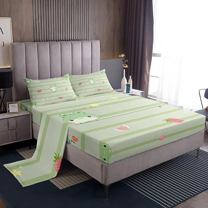 Consistent Cute Frog Bed Sheet Set for Kids Pink Strawberry Sweet Fruits Sheets Set Light Green Frogs Stripes Home Decor Sheet Sets with Deep Pocket Top Sheet 1 Pillow Case Twin High-Quality