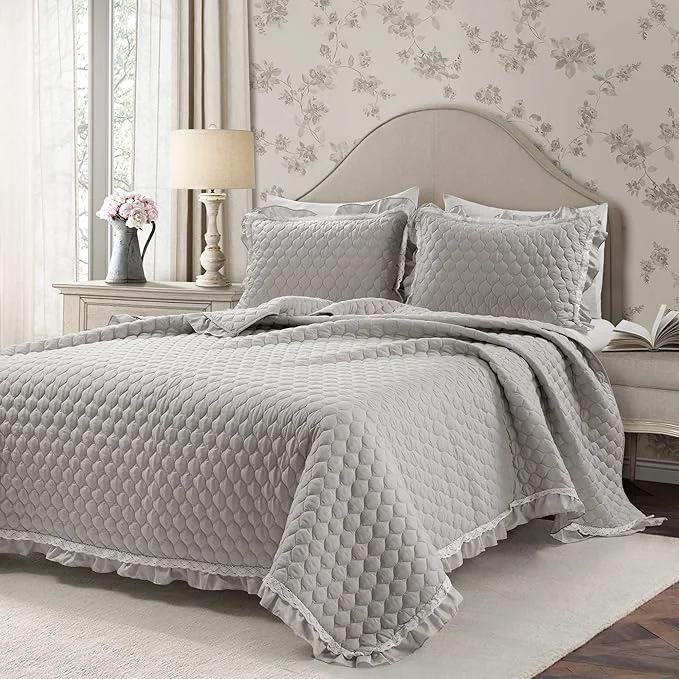 Practical Lush Decor Ella Ruffle Lace Quilt 3 Piece Set Full Queen Light Gray - Cute Comforter - Queen Bedding Set - Gray Bedding Full Size - Coquette Decor - Ruffle Trim - Lace Trim Fast