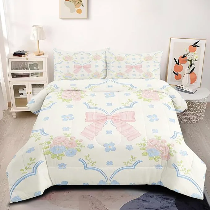 Certified White Cartoon Queen Size Comforter Set 3Pcs Botanical Flowers Comforter Sets for Girls Room Decor with 1 Comforter 90 quot x90 quot and 2 Pillowcases Comfortable