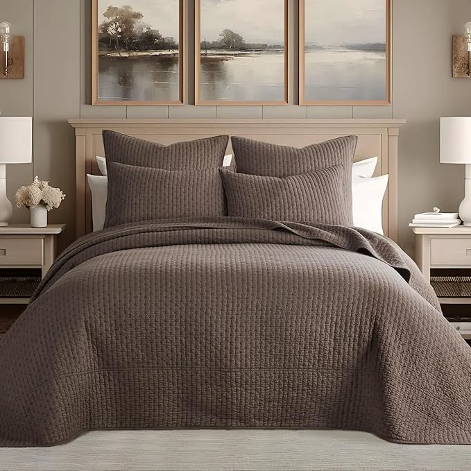 Quality Levtex Home Cross Stitch Reversible Full Bedspread Set 100x104in with 2 Pillow Shams 26x20in - Stitch Texture - Cocoa - Cotton Full Size Bedspread Set - Lightweight Soft Pre-Washed Powerful