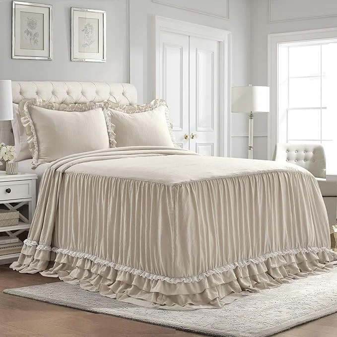 Genuine Lush Decor Ella Ruffle Lace Bedspread 3 Piece Set Queen Neutral - Cute Bed Set - Queen Bedding - Beige Bedding - Coquette Decor - Neutral Ruffle Trim - Beige Lace Trim Elite