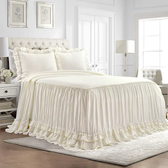 Proven Lush Decor Ella Ruffle Lace Bedspread 3 Piece Set Queen Ivory - Cute Bed Set - Queen Bedding - White Bedding - Coquette Decor - Neutral Ruffle Trim - White Lace Trim Responsible