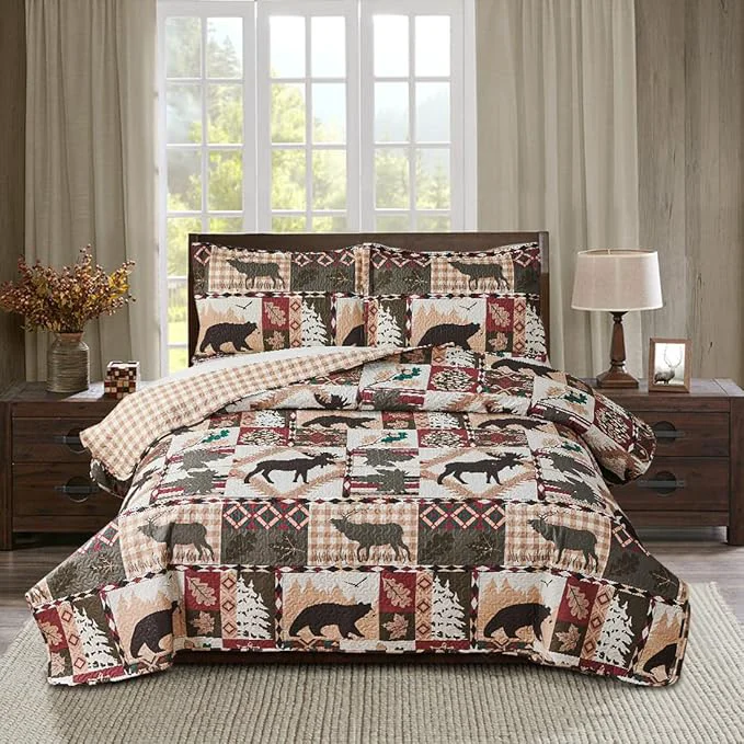 Fashionable Rustic Lodge Quilt Set King Size Country Cabin Bedspread Coverlet King Moose Bear Reversible Patchwork Quilts Bedding Soft Lightweight Coverlets Forest Bear Farmhouse Bed Cover Sets with 2 Pillow Sham Modern