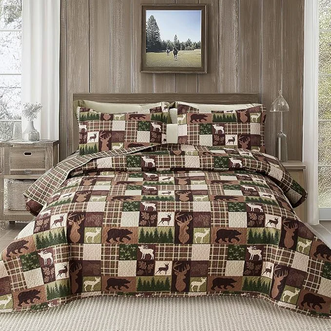 Official Ycosy Lodge Plaid Quilt Set Moose Bear Bedding Full Queen Size Rustic Bedspread Cabin Coverlet Wildlife Forest Quilts Comforter Summer Lightweight Bed Cover with 2 Pillow Shams World-Class