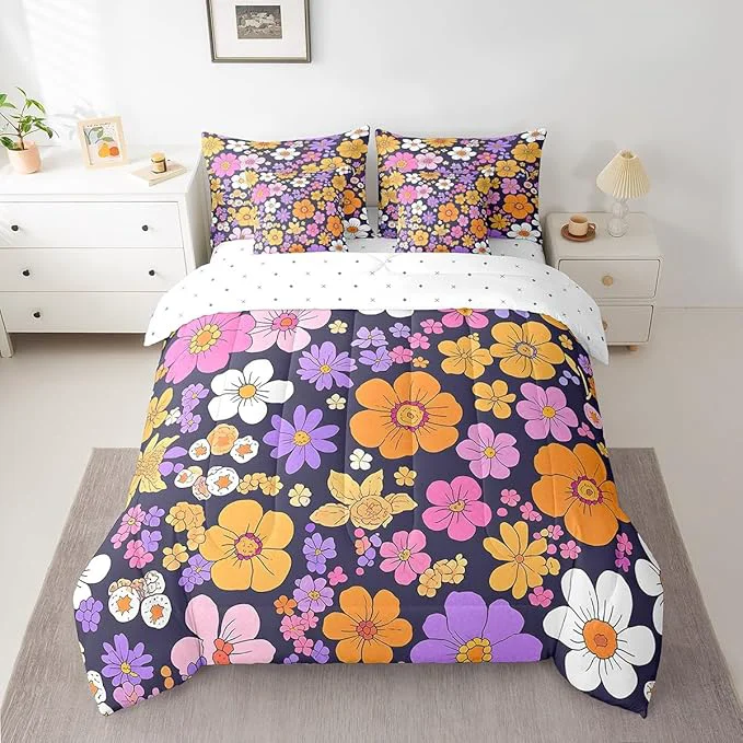 Artisan Castle Fairy Watercolor Flowers 7 Pieces Bedding Set King Bed in a Bag Groovy Daisy 70s 80s Hippie Style Comforter Set Purple Orange Flowers Rustic Style Soft Warm Microfiber Bedding Crafted