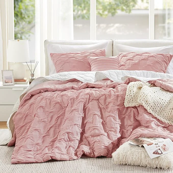 Advanced Comfort Spaces Comforter for King Size Bed Ogee Ruched with Crinkle Texture Breathable Comforter Set King All Season Lightweight Bedding Set Shams Décor Pilow King Cal King Pink 4 Piece Authentic