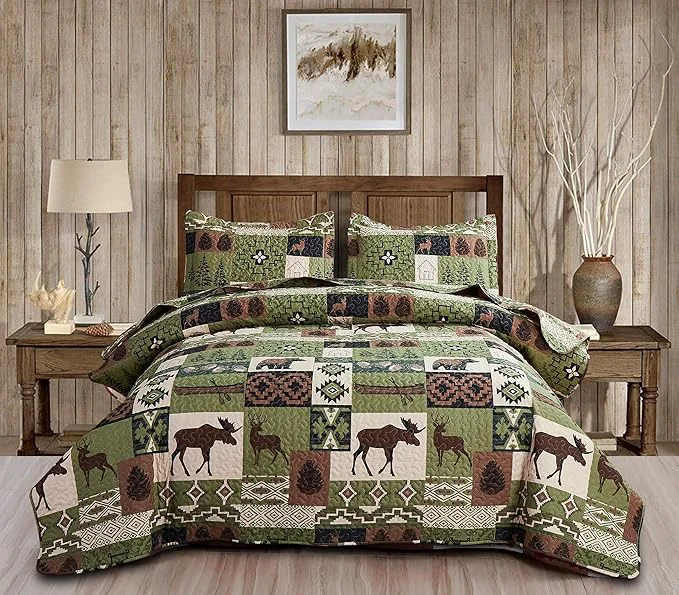 Effective Ycosy Rustic Lodge Quilt Set Moose Elk Bedspread King Size Forest Bear Deer Quilt Matcha Green Reversible Festive Cabin Coverlets Farmhouse Decor Bed Cover Sets with 2 Pillow Shams Smart