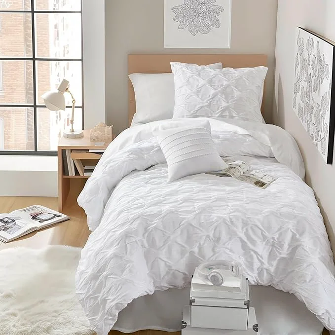 High-Grade Comfort Spaces Twin Twin XL Comforter Set for College Ogee Ruched Crinkle Texture Breathable Comforter Set Twin Dorm All Season Lightweight Bedding Set Shabby Chic Décor Pilow White 3 Piece Green