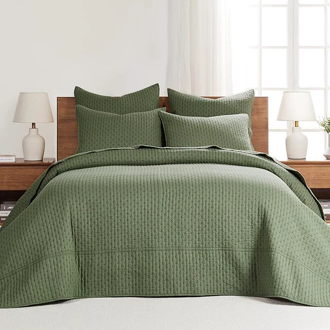 Sophisticated Levtex Home Cross Stitch Reversible King Bedspread Set 120x104in with 2 Pillow Shams 36x20in - Stitch Texture - Forest Green - Cotton King Size Bedspread Set - Soft Pre-Washed Luxury