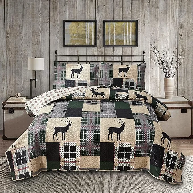 Specialty Ycosy 3pcs Breathable Lightweight Christmas Plaid Lodge Quilt Set Full Queen Size Including Quilt 2 Pillow Shams Green Polyester Bedspread Set or Bedding Set Excellent