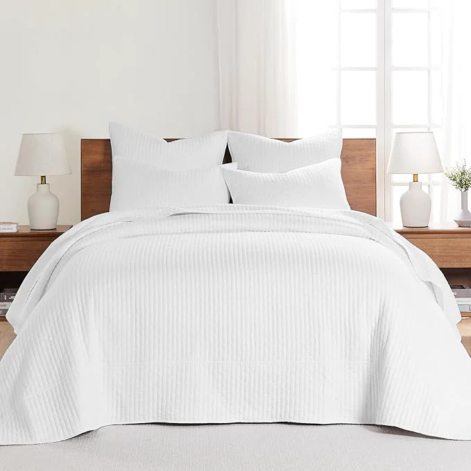 Sophisticated Levtex Home Cross Stitch Reversible King Bedspread Set 120x104in with 2 Pillow Shams 36x20in - Stitch Texture - Bright White - Cotton King Size Bedspread Set - Soft Pre-Washed Flexible