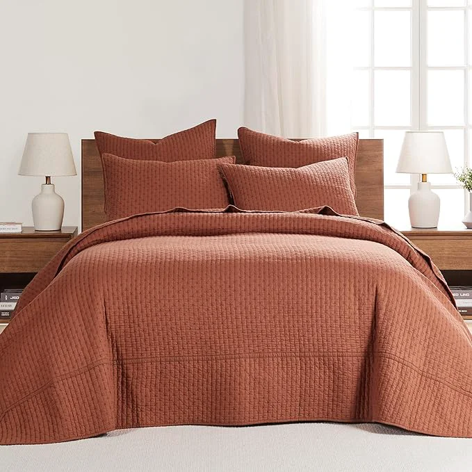 Detailed Levtex Home Cross Stitch Reversible Twin Bedspread Set 84x104in with 1 Pillow Sham 26x20in - Stitch Texture - Adobe - Cotton Twin Size Bedspread Set - Lightweight Soft Pre-Washed Superior