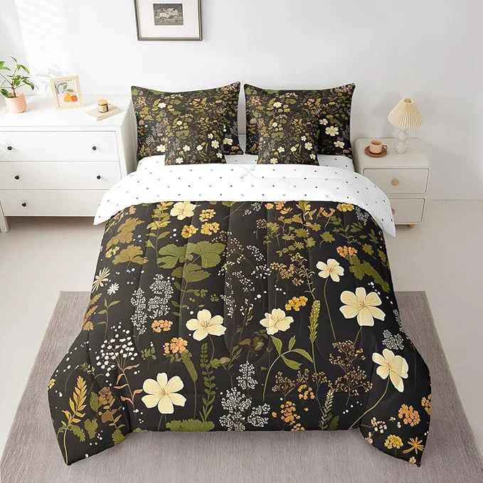 Relaxed Wild Flowers Leaves King Comforter Set with Sheets Bed in a Bag 7 Pcs Spring Botanical PlantsBed Set Retro Country Decor Bedding Sets with Comforter Flat Fitted Sheet Pillowcases Pillow Covers Easy-to-Use