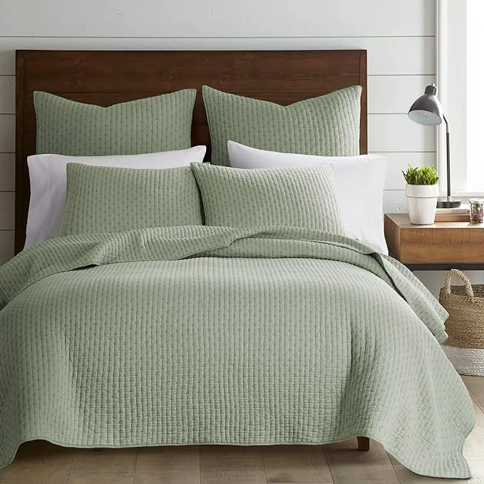 Prestigious Levtex Home Cross Stitch Reversible King Cal King Quilt Set 106x92in and 2 Pillow Shams 36x20in - Stitch Texture - Desert Sage - Cotton King Size Quilt Bedding Set - Lightweight Soft Pre-Washed Elite