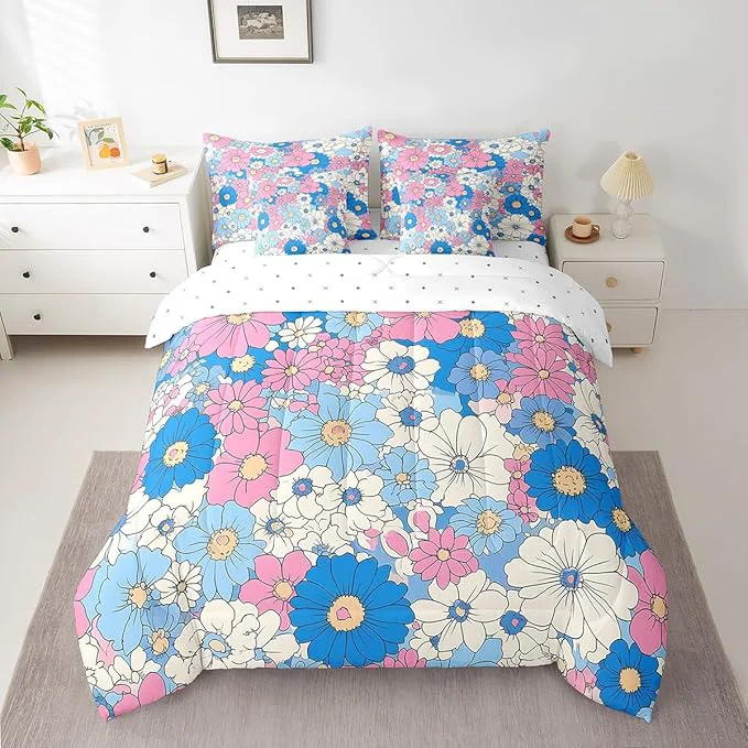 High-Quality Groovy Flowers Comforter Set Bed in a Bag 7 Pieces King Red Hippie Flowers 70s 80s Floral Bedding Set Blue Pink Daisy Botanical Comforter Fitted Flat Sheet 2 Pillowcases 2 Throw Pillow Covers Advanced