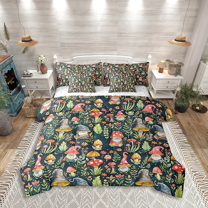 World-Class Mushroom Gnome Comforter Set Bed in a Bag 7 Pieces Queen Botanical Leaves Bedding Set for Girls Teens Kids Colorful Mushroom Plants Comforter Fitted Flat Sheet 2 Pillowcases 2 Throw Pillow Covers Next-Generation