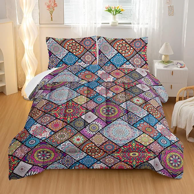 Premium Colorful Bohemian Comforter Sets Queen Size Retro Grid Bedding Set for Your Room Abstract Soft Lightweight Quilted Set All Season 1 Comforter and 2 Pillowcases High-Grade