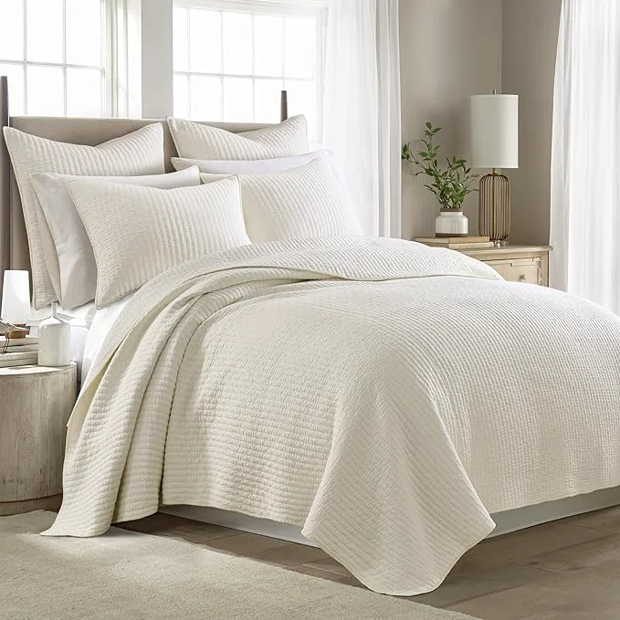Pure Levtex Home Cross Stitch Reversible Full Queen Quilt Set 88x92in with 2 Pillow Shams 26x20in - Stitch Texture - Cream - Cotton Full Queen Size Quilt Bedding Set - Lightweight Soft Pre-Washed Enhanced
