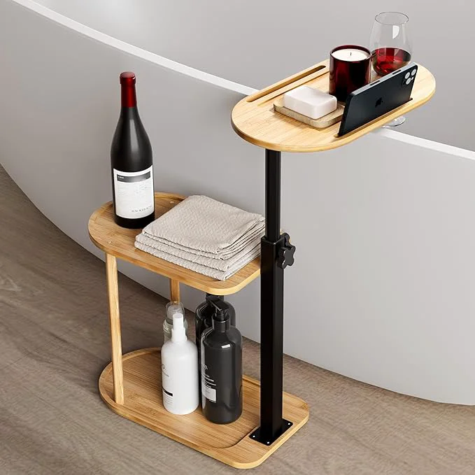 Practical Yumkfoi 3 Layer Bath Tub Tray Table standing Bamboo Bath Tray Caddy Smooth