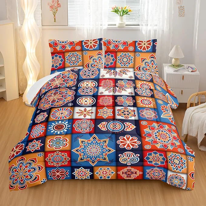 Innovative Modern Bohemia Comforter Sets King Size Square Montage Pattern Bedding Set for Your Room Abstract Soft Lightweight Quilted Set All Season 1 Comforter and 2 Pillowcases Elite