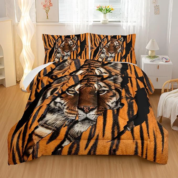 Powerful Mighty Tiger Comforter Sets Queen Size Animal Bedding Set for Your Room Tiger Fur Soft Lightweight Quilted Set All Season 1 Comforter and 2 Pillowcases Relaxed