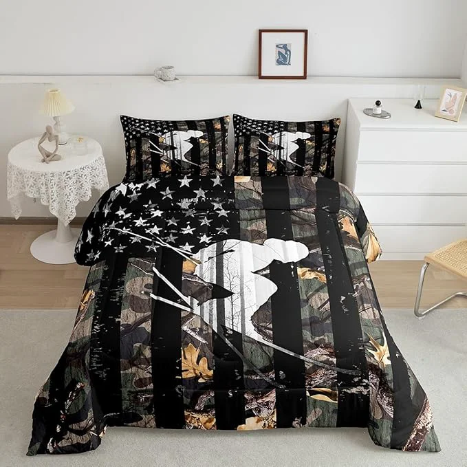 Fashionable Camo Queen Size Comforter Sets American Flag Western Bedding for Kids Boys Girls Skiing Sports 3 Piece Camouflage Printed Down Comforter Green Trees Leaves Duvet Set Expertly Made