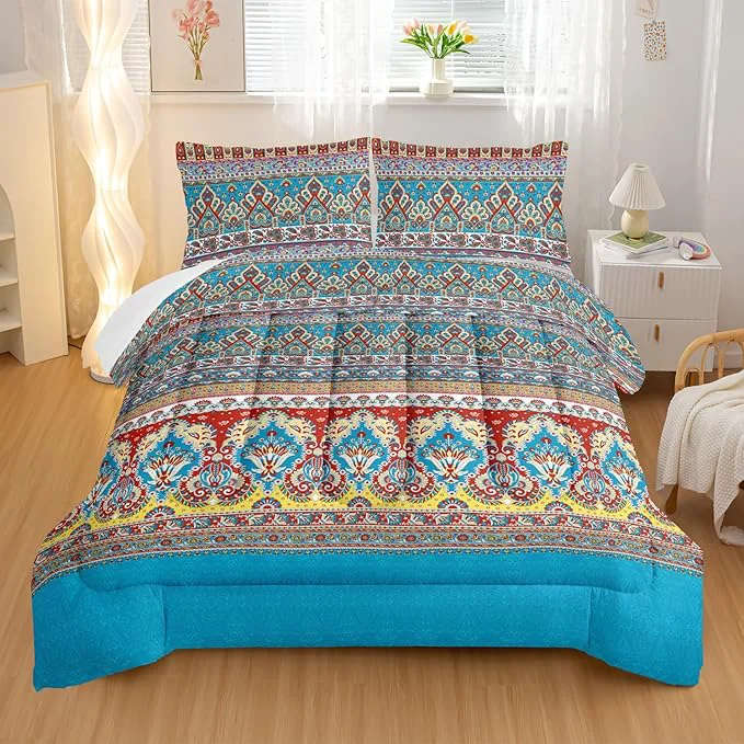 Comfortable Paisley Bohemian Comforter Sets Queen Size Colorful Boho Chic Medallion Exotic Bedding Set for Your Room Abstract Soft Lightweight Quilted Set All Season 1 Comforter and 2 Pillowcases Efficient