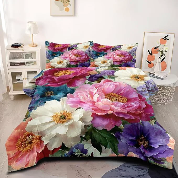 Fine Women Victorian Pink Peony Comforter Set Twin Size 5-Piece White Flowers Comforter Sets for Girls Room Decor 1 Comforter 68 quot x 90 quot 2 Pillowcases 1 Fitted Sheet 1 Flat Sheet Eco-Friendly