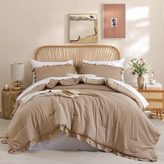 Solid JANZAA Twin Ruffled Comforter Set 3PCS 1 Taupe Comforter Set and 2 Pillowcases Vintage Farmhouse Shabby Chic Bedding Soft Fluffy All Season Clean