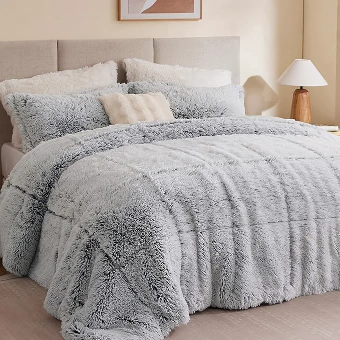 Smart Intelligent Design Malea Shaggy Bedding Comforter Set Long Faux Fur Cozy Down Modern Ultra Soft All Season Warm amp Fluffy Comforter Matching Sham King Cal King Heathered Grey 3 Piece Innovative
