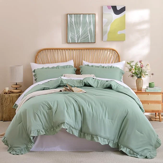 Detailed JANZAA Full Size Comforter Sage Green 3PCS 1 Ruffled Comforter Set and 2 Pillow Cases Fluffy Vintage Farmhouse Shabby Chic Bedding Soft All Season Comfortable
