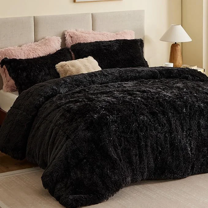 Genuine Intelligent Design Malea Shaggy Comforter Set Long Faux Fur Cozy Down Modern Casual Ultra Soft All Season Fluffy Bedding with Matching Sham Twin Twin XL Black 2 Piece Healthy