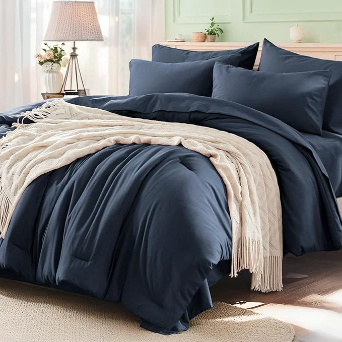 Exclusive Anluoer Navy Blue California King Comforter Set 7 Pieces Bed in a Bag with Sheets All Season Bedding Sets with 1 Comforter 2 Pillow Shams 2 Pillowcases 1 Flat Sheet 1 Fitted Sheet Innovative