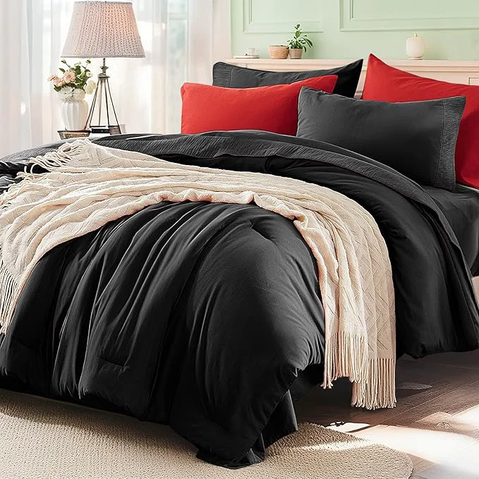 Crafted Anluoer Black and Red King Comforter Set 7 Pieces Bed in a Bag with Sheets All Season Bedding Sets with 1 Comforter 2 Pillow Shams 2 Pillowcases 1 Flat Sheet 1 Fitted Sheet Next-Generation