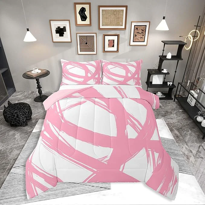Responsible Pink and White Abstarct Comforter Set Twin Size for Kids Boys Girs Graffiti Stripes Lines Bedding Set Aesthetic Geometric Duvet Insert for Minimalists Contemporary Boho Modern Art Quilt Smart