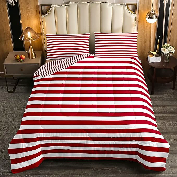 Fine Crafted Girl Stripe Comforter Set Full Size Red White Ticking Stripes Bedding Set Bedroom Decor Horizontal Striped Lines Reversible Down Comforter for Kids Women Modern Abstract Soft Lightweight Duvet Set Detailed