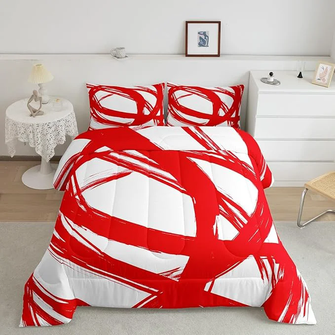 Enhanced Erosebridal Red and White Abstarct Queen Comforter Set for Adult Women Men Geometric Striped Bedding Set for Minimalists Graffiti Aesthetic Lines Quilt Contemporary Boho Modern Art Duvet Insert Innovative